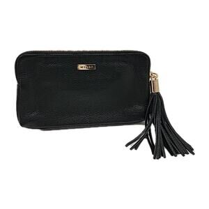 MILLY Black Leather Zip Clutch Wrist Bag Purse Leather Tassel Gold Hardware NWOT
